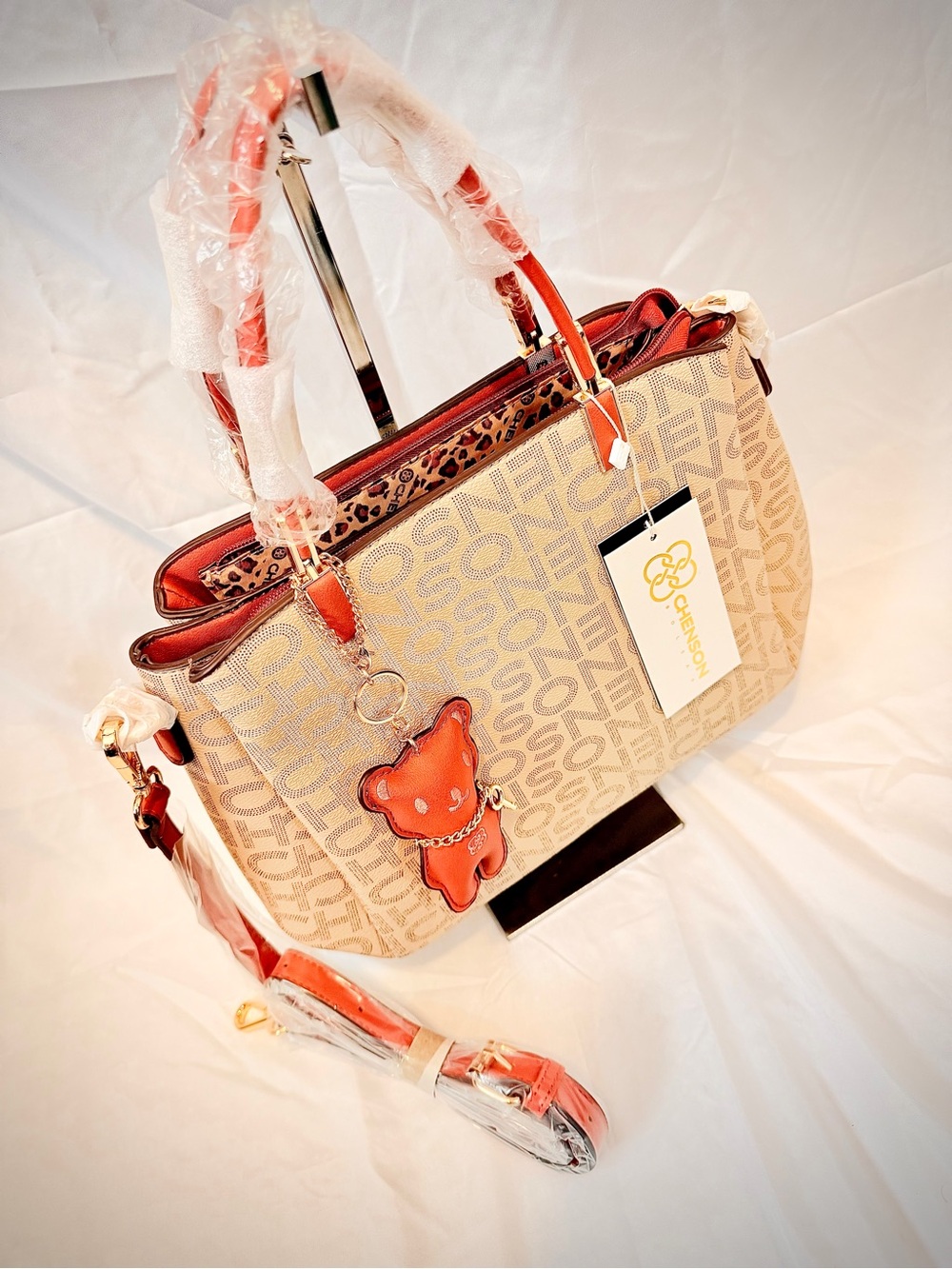 Beige and Caramel Logo Satchel Bag with Bear Charm